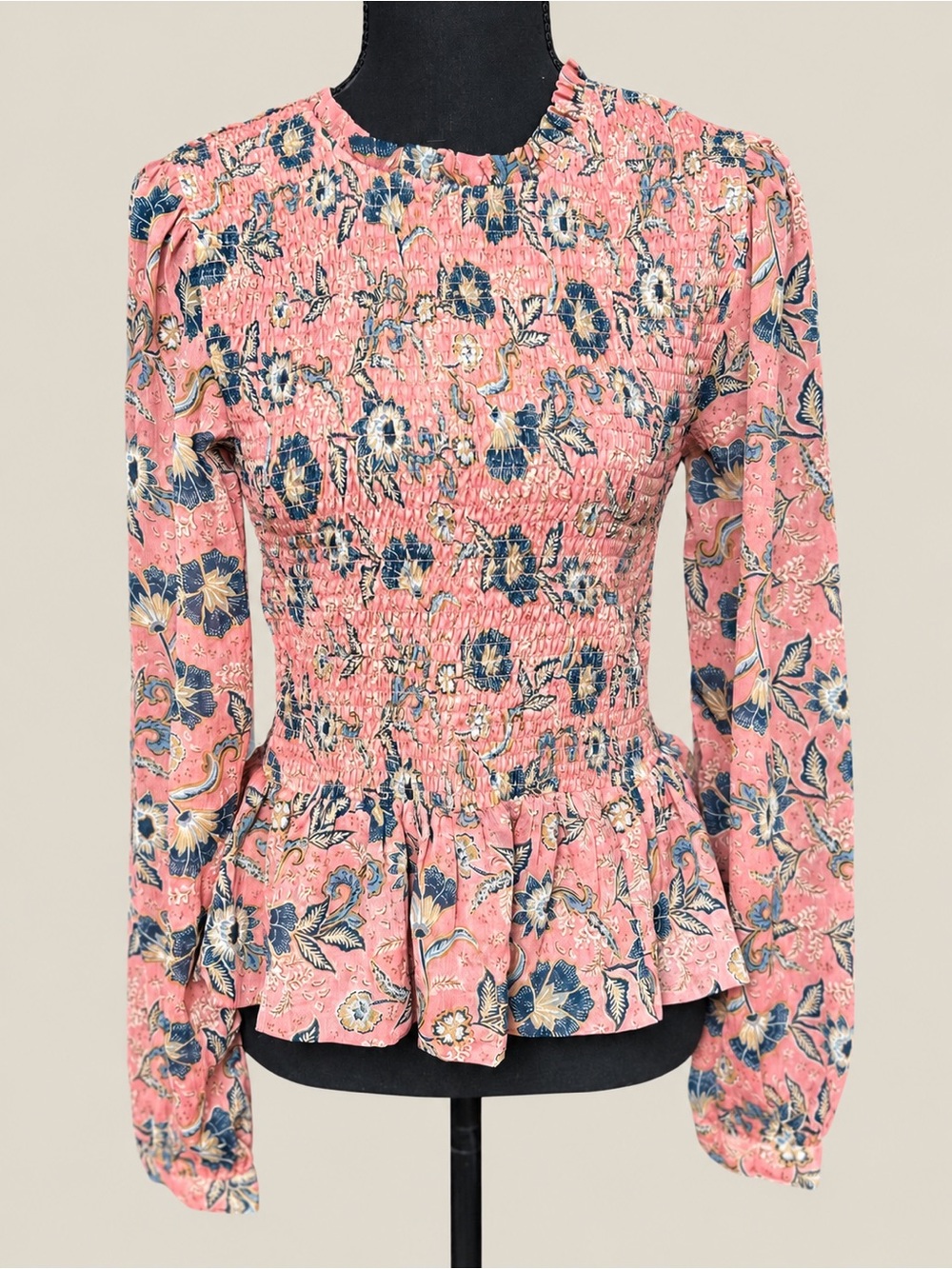 Patrons of Peace NWT Floral Smocked Peplum Blouse Pink Blue Size M